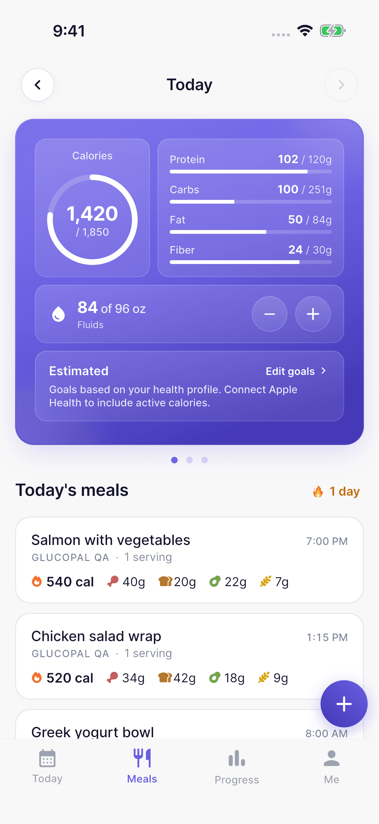 GlucoPal meal tracking with calorie, protein, fiber and water totals and synthetic meal records