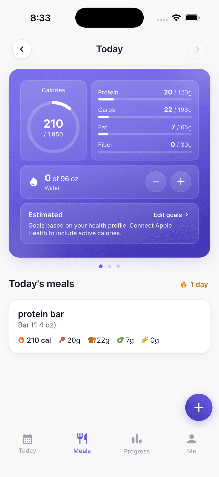 GlucoPal Meals screen with an example protein-bar entry, calories and macro totals, water controls and an Edit goals link