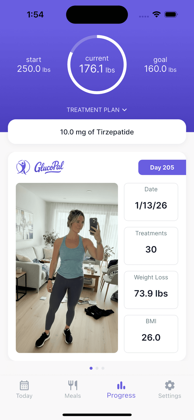 GlucoPal dashboard showing weight progress, weight trend, and treatment overview