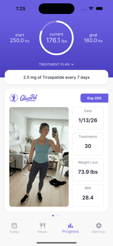 GlucoPal progress screen with a dated progress photo and recorded treatment and weight-change information
