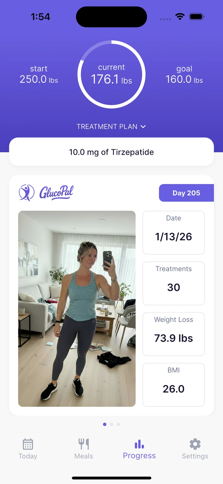 GlucoPal Progress screen with start, current and goal weight, a dated progress photo and treatment count